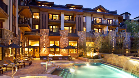 The outdoor swimming pool at Hotel Sebastian ski resort in Colorado