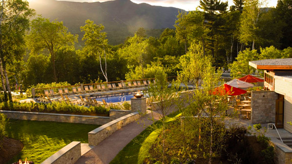 Balcony view over the swimming pool at the Topnotch Resort and Spa ski hotel in Vermont