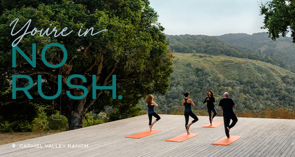 Group of people practicing yoga outside surrounded by trees and lush forest.